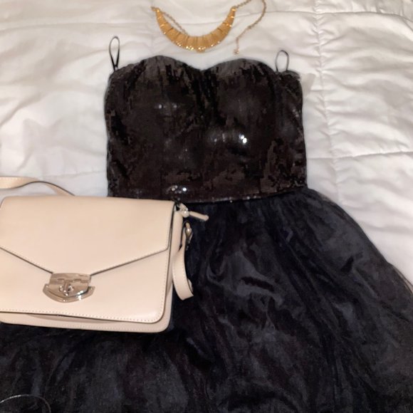 Forever 21 Sequin Top Sheer Mesh Bottom Mini Little Black Dress LBD, Small,Prom - Picture 2 of 5